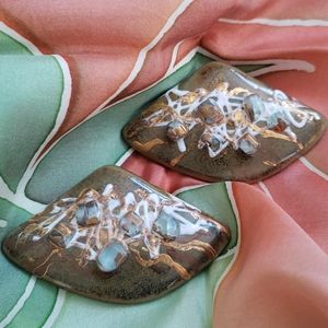 VTG ceramic artisan earrings, green/gold and blue crystals